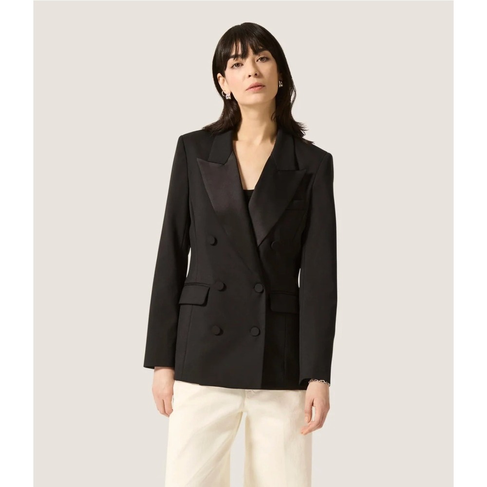 Argent Black Wool Silk Satin Peak Lapel Double Breasted Tuxedo Blazer Size 10